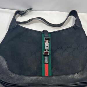 Gucci Black Jackie Messenger Bag with Green and Red Stripe